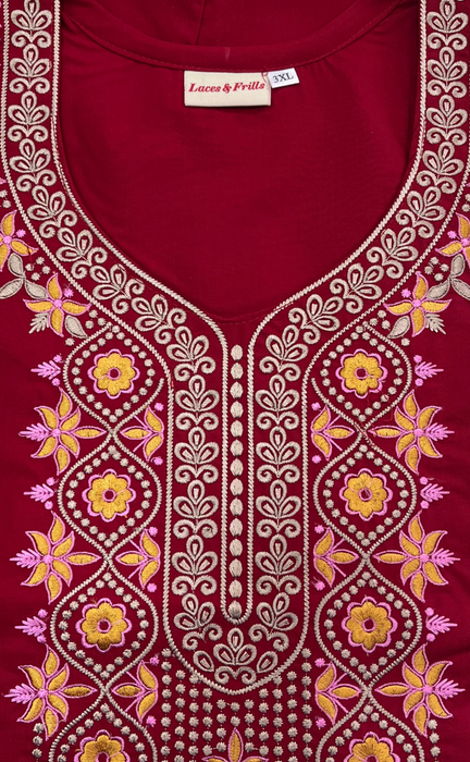 Maroon Embroidery Soft Cotton Nighty. Soft Breathable Fabric | Laces and Frills