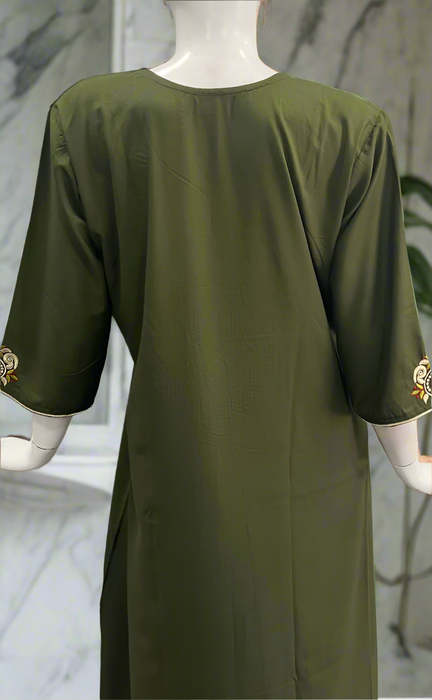 Olive Green Embroidery Soft Cotton Long Sleeves Nighty. Soft Breathable Fabric | Laces and Frills