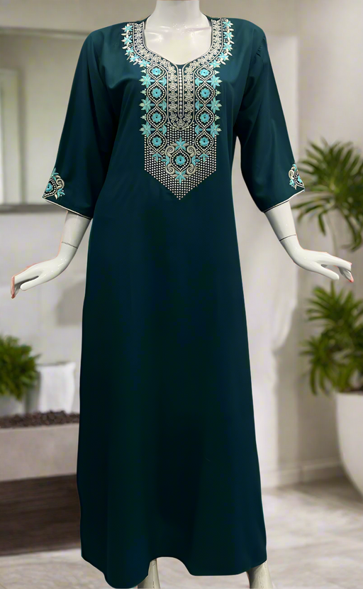 Teal Blue Embroidery Soft Cotton Long Sleeves Nighty. Soft Breathable Fabric | Laces and Frills