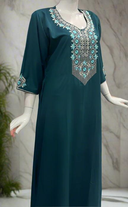 Teal Blue Embroidery Soft Cotton Long Sleeves Nighty. Soft Breathable Fabric | Laces and Frills