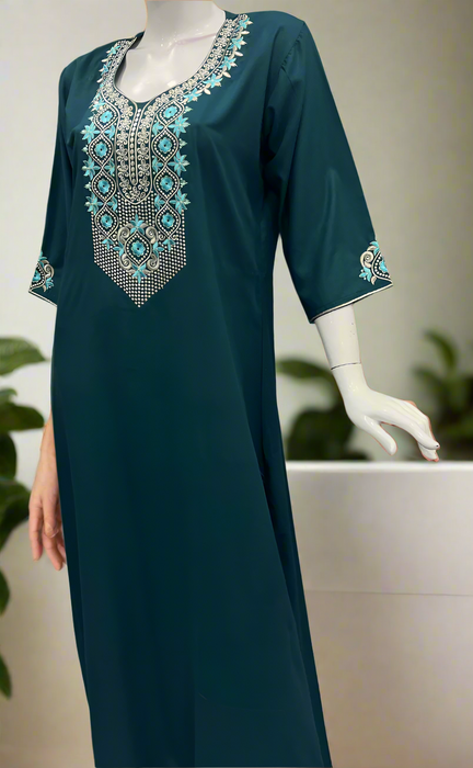 Teal Blue Embroidery Soft Cotton Long Sleeves Nighty. Soft Breathable Fabric | Laces and Frills