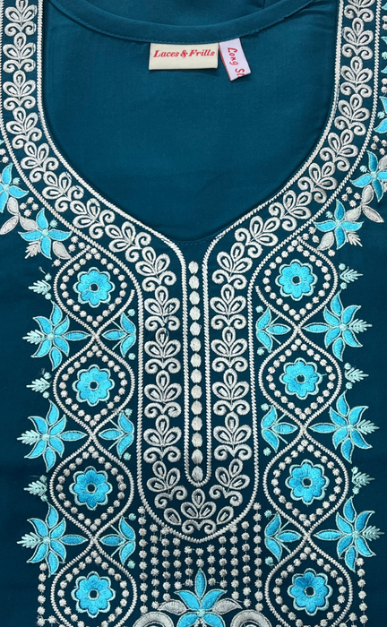 Teal Blue Embroidery Soft Cotton Long Sleeves Nighty. Soft Breathable Fabric | Laces and Frills