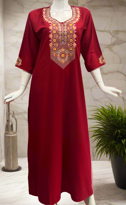 Maroon Embroidery Soft Cotton Long Sleeves Nighty. Soft Breathable Fabric | Laces and Frills