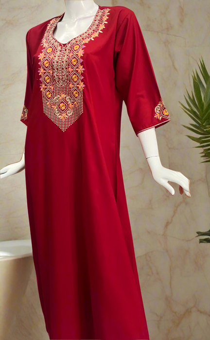 Maroon Embroidery Soft Cotton Long Sleeves Nighty. Soft Breathable Fabric | Laces and Frills