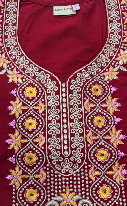 Maroon Embroidery Soft Cotton Long Sleeves Nighty. Soft Breathable Fabric | Laces and Frills