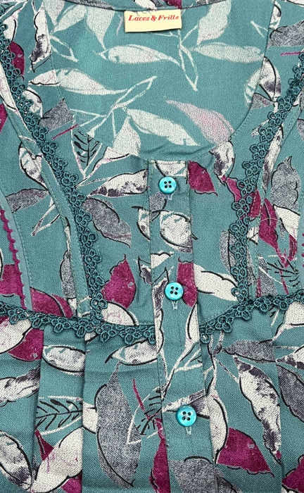 Dark Cyan Leafy Spun Nighty. Flowy Spun Fabric | Laces and Frills