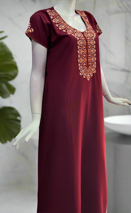 Maroon Embroidery Soft Cotton Nighty. Soft Breathable Fabric | Laces and Frills