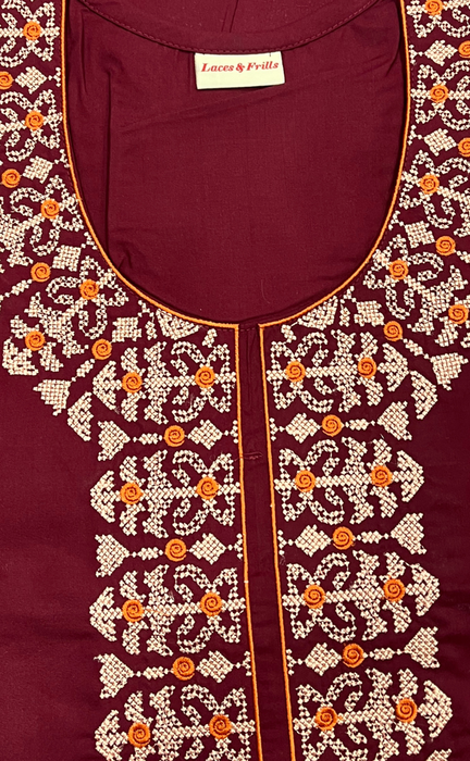 Maroon Embroidery Soft Cotton Nighty. Soft Breathable Fabric | Laces and Frills