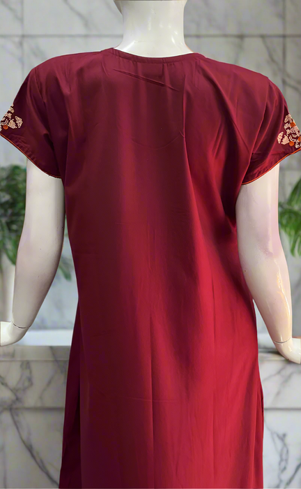 Maroon Embroidery Soft Cotton Nighty. Soft Breathable Fabric | Laces and Frills