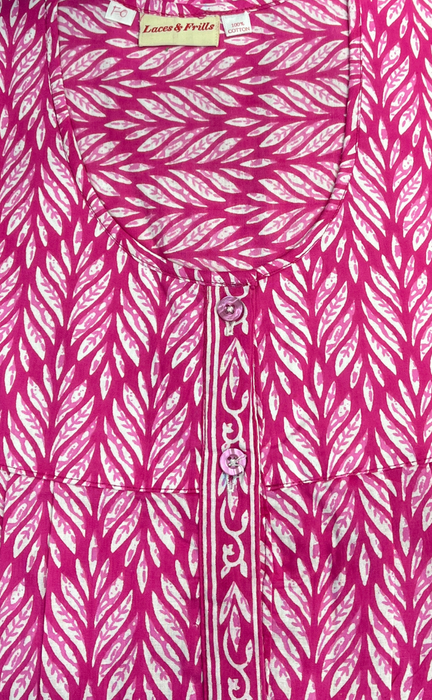 Pink Leafy Full Open Pure Cotton Nighty. Pure Durable Cotton | Laces and Frills