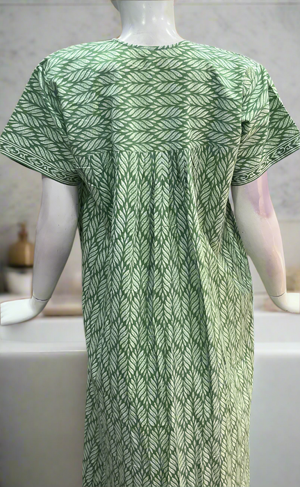 Green Leafy Full Open Pure Cotton Nighty. Pure Durable Cotton | Laces and Frills