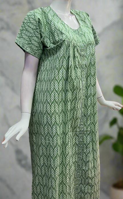 Green Leafy Full Open Pure Cotton Nighty. Pure Durable Cotton | Laces and Frills