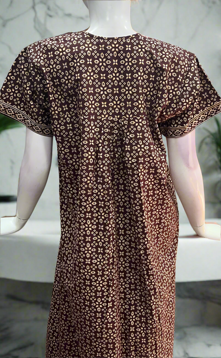 Brown Abstract Full Open Pure Cotton Nighty. Pure Durable Cotton | Laces and Frills