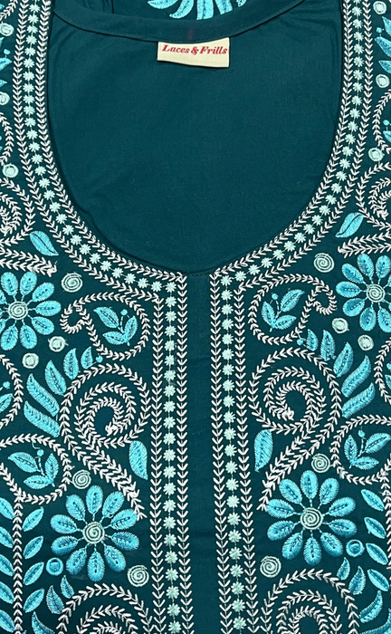 Teal Blue Embroidery Soft Cotton Nighty. Soft Breathable Fabric | Laces and Frills