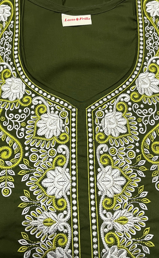 Mehndi Green Embroidery Soft Cotton Nighty. Soft Breathable Fabric | Laces and Frills