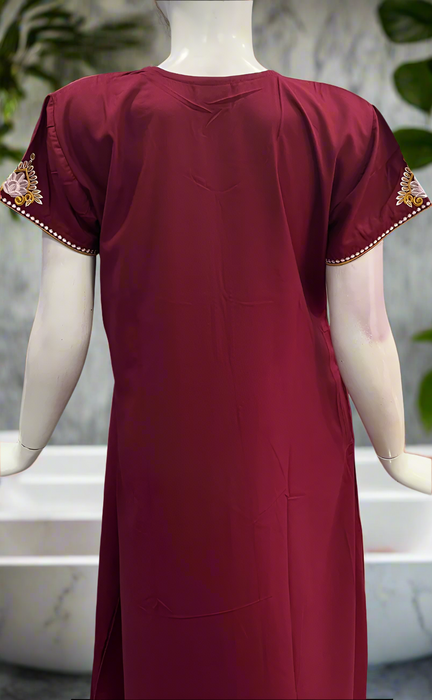 Maroon Embroidery Soft Cotton Nighty. Soft Breathable Fabric | Laces and Frills