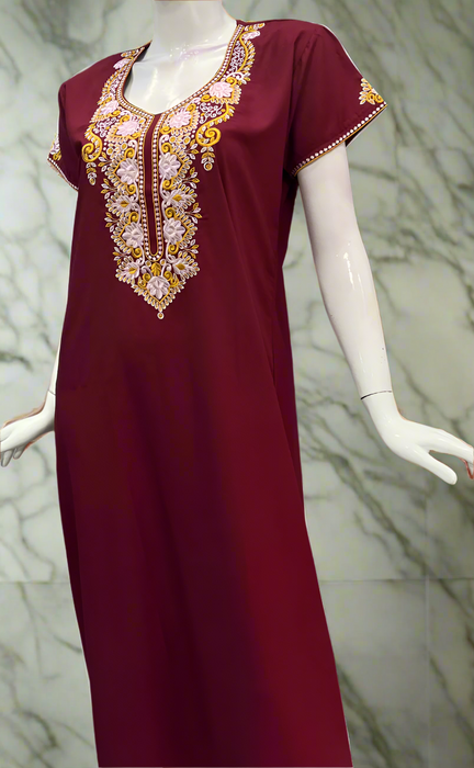 Maroon Embroidery Soft Cotton Nighty. Soft Breathable Fabric | Laces and Frills