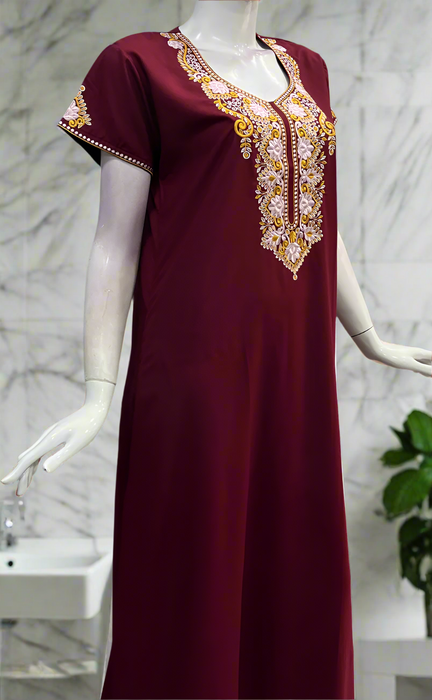 Maroon Embroidery Soft Cotton Nighty. Soft Breathable Fabric | Laces and Frills