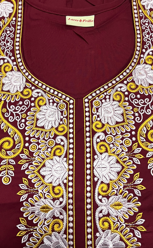 Maroon Embroidery Soft Cotton Nighty. Soft Breathable Fabric | Laces and Frills