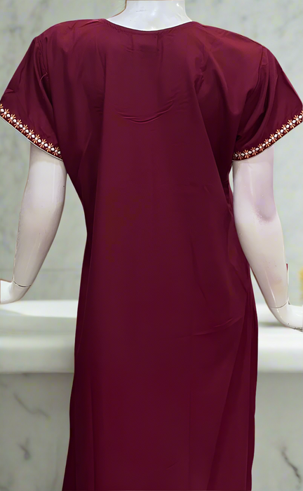 Maroon Embroidery Soft Cotton Nighty. Soft Breathable Fabric | Laces and Frills