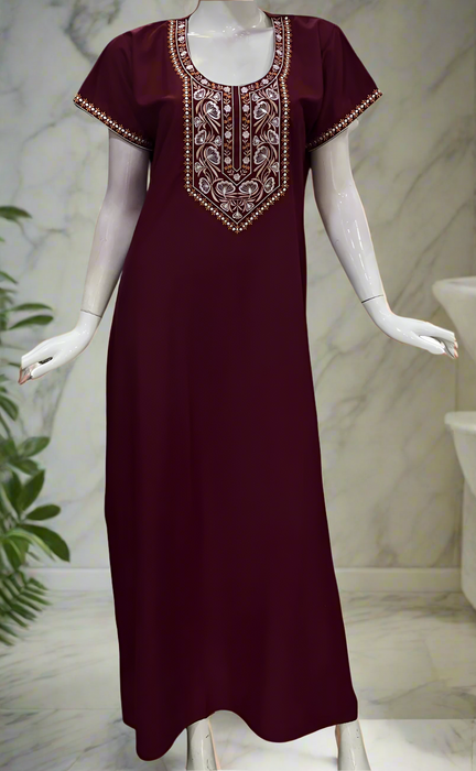 Maroon Embroidery Soft Cotton Nighty. Soft Breathable Fabric | Laces and Frills