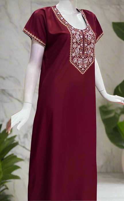 Maroon Embroidery Soft Cotton Nighty. Soft Breathable Fabric | Laces and Frills