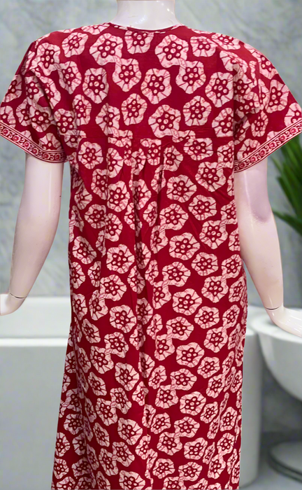 Red Batik Flora Full Open Pure Cotton Nighty. Pure Durable Cotton | Laces and Frills