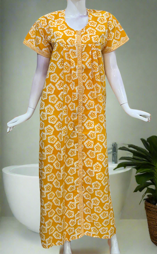 Yellow Batik Flora Full Open Pure Cotton Nighty. Pure Durable Cotton | Laces and Frills