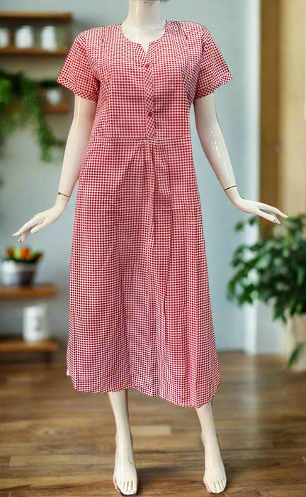 Red Checks Soft Cotton Maternity Nursing Nighty. Soft Breathable Fabric | Laces and Frills