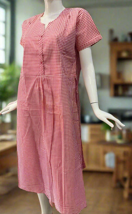 Red Checks Soft Cotton Maternity Nursing Nighty. Soft Breathable Fabric | Laces and Frills