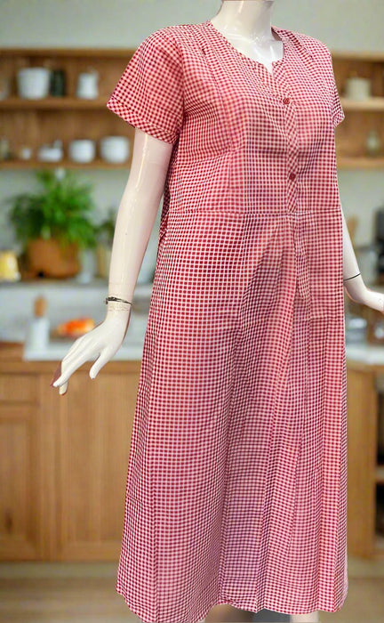 Red Checks Soft Cotton Maternity Nursing Nighty. Soft Breathable Fabric | Laces and Frills