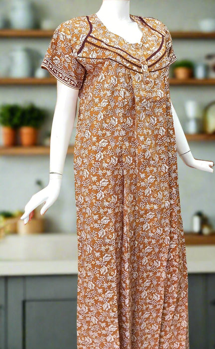 Mustard Floral Pure Cotton Maternity Nursing Nighty . Pure Durable Cotton | Laces and Frills