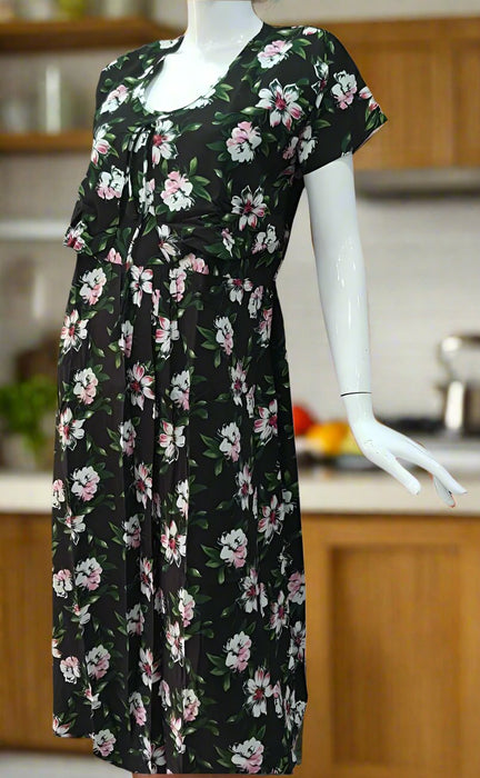 Black Floral Soft Cotton Maternity Nursing Nighty. Soft Breathable Fabric | Laces and Frills