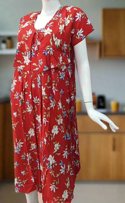 Red Floral Soft Cotton Maternity Nursing Nighty. Soft Breathable Fabric | Laces and Frills