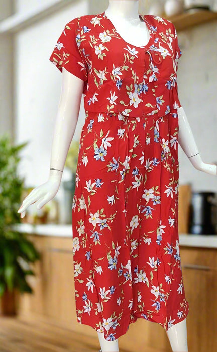 Red Floral Soft Cotton Maternity Nursing Nighty. Soft Breathable Fabric | Laces and Frills