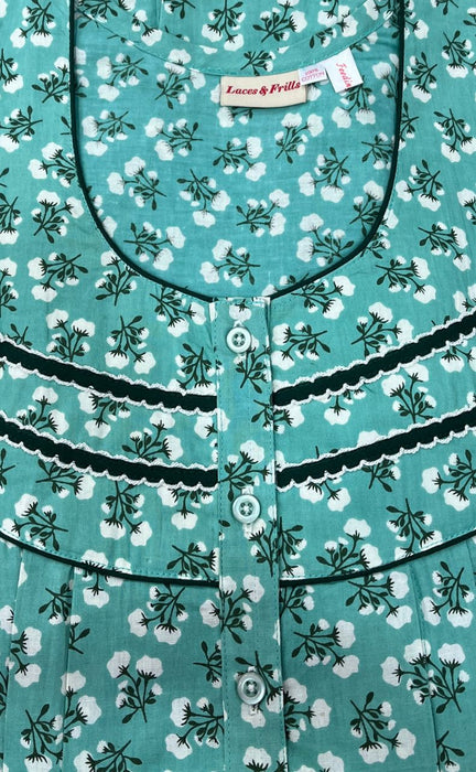 Sea Green Tiny Flora Pure Cotton Feeding Nighty . Pure Durable Cotton | Laces and Frills