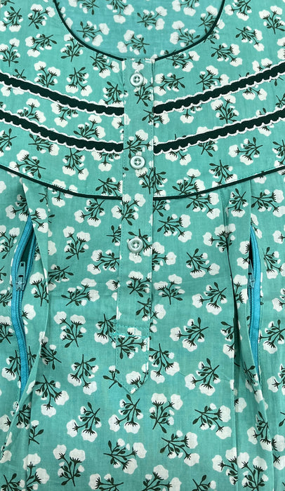 Sea Green Tiny Flora Pure Cotton Feeding Nighty . Pure Durable Cotton | Laces and Frills