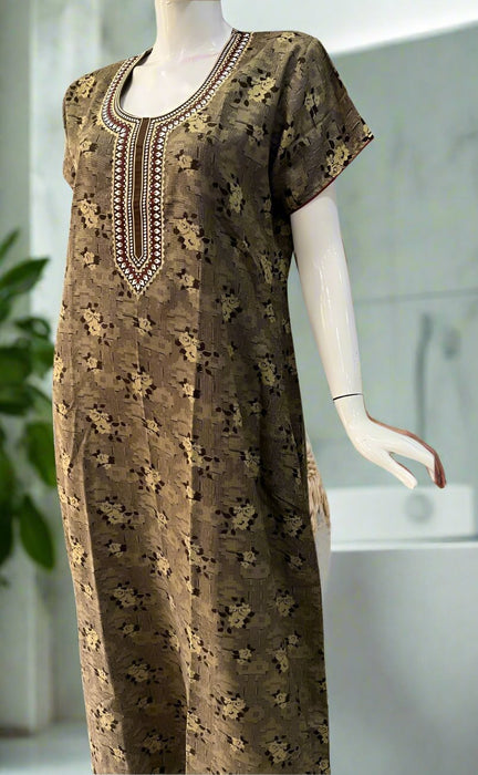 Brown Embroidery Spun Nighty. Flowy Spun Fabric | Laces and Frills