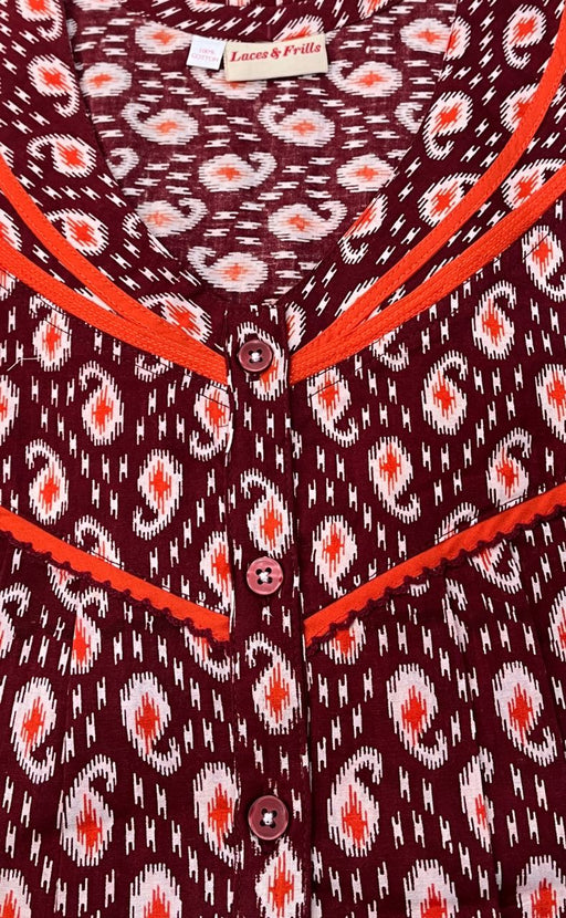 Maroon Manga Motif Pure Cotton Nighty. Pure Durable Cotton | Laces and Frills