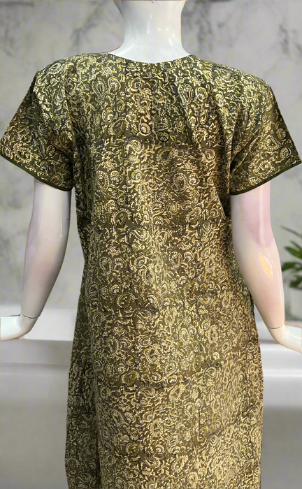 Mehndi Green Kalamkari Pure Cotton Nighty. Pure Durable Cotton | Laces and Frills