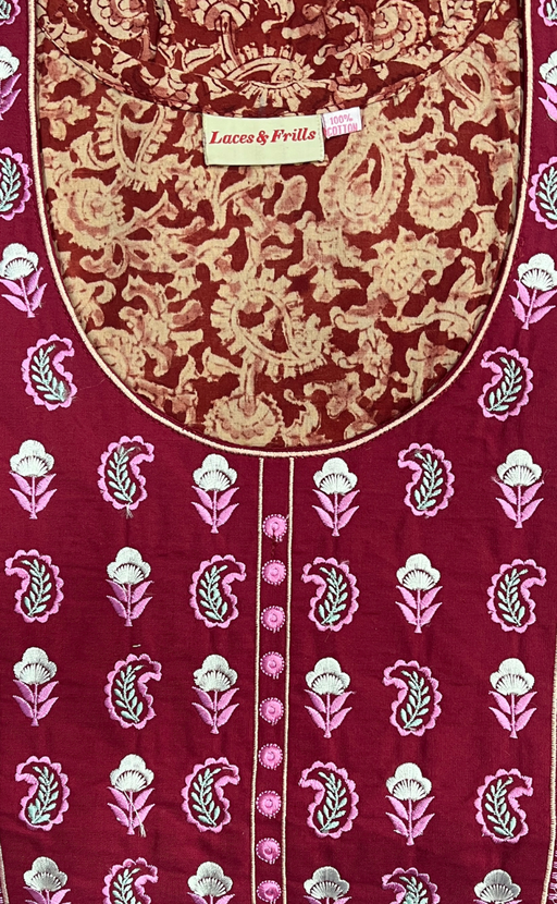 Maroon Kalamkari Pure Cotton Nighty. Pure Durable Cotton | Laces and Frills