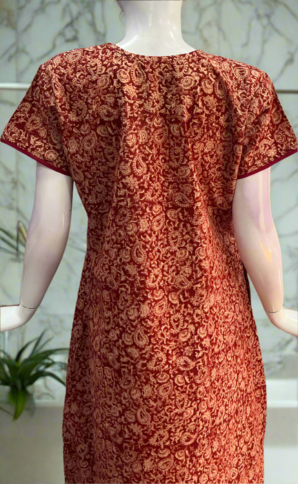 Maroon Kalamkari Pure Cotton Nighty. Pure Durable Cotton | Laces and Frills