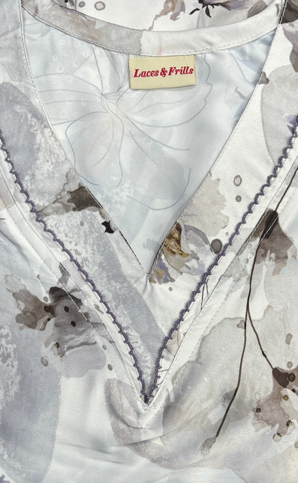 Off White/Brown Floral Satin Nighty. Soft Silky Satin | Laces and Frills