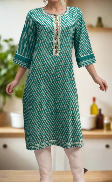 Turquoise Green Leheriya Print Cotton Kurti. Pure Versatile Cotton. | Laces and Frills