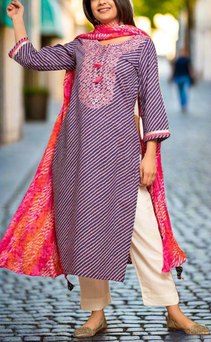 Purple/Pink Lehariya Kurti With Pant And Dupatta Set  .Pure Versatile Cotton. | Laces and Frills