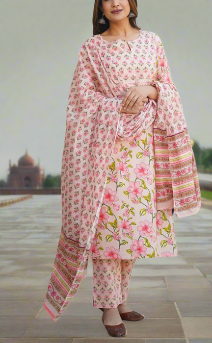 Light Pink Jaipur Cotton Kurti With Pant And Dupatta Set  .Pure Versatile Cotton. | Laces and Frills