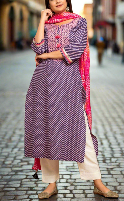 Purple/Pink Lehariya Kurti With Pant And Dupatta Set  .Pure Versatile Cotton. | Laces and Frills