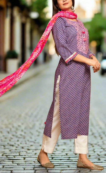 Purple/Pink Lehariya Kurti With Pant And Dupatta Set  .Pure Versatile Cotton. | Laces and Frills