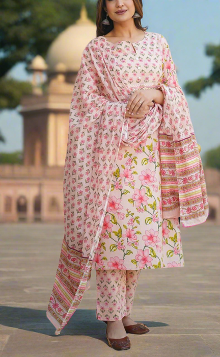 Light Pink Jaipur Cotton Kurti With Pant And Dupatta Set  .Pure Versatile Cotton. | Laces and Frills