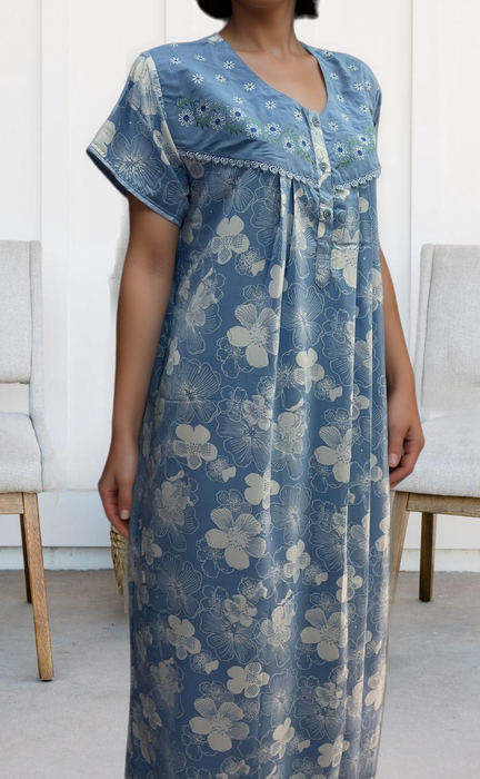 Blue Garden Soft Crushed Nighty.Soft Breathable Fabric | Laces and Frills